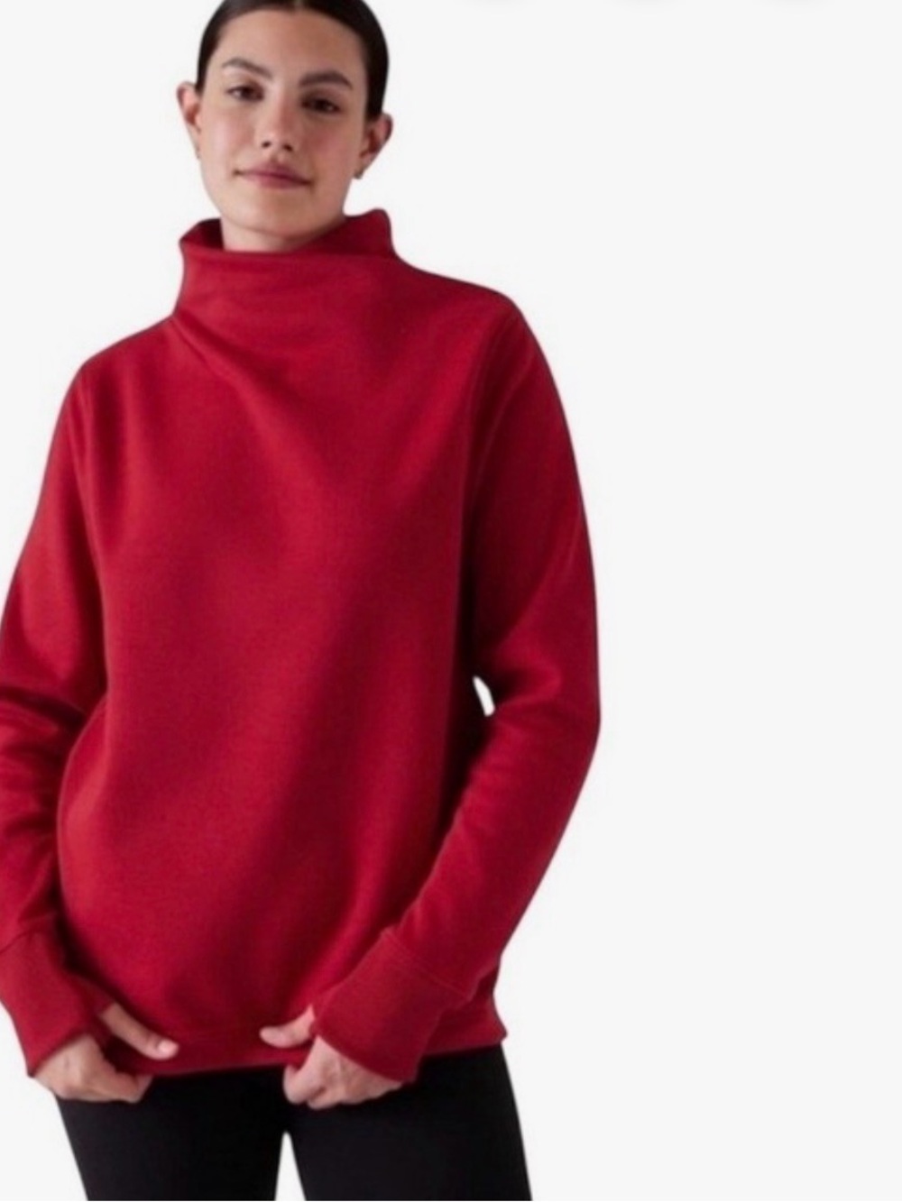 Athleta Cozy Karma II Twist Neck Sweatshirt Zippered Pockets Thumb Holes Red  S